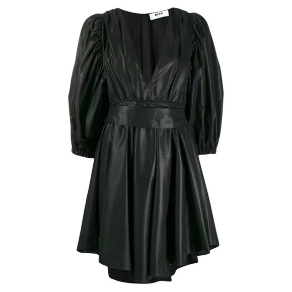 MSGM Satin High Shine Faux Wrap Asymmetrical  Puff Sleeve Bow Tie Mini Dress NEW - Picture 11 of 16